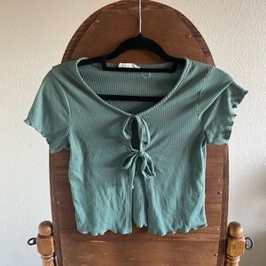 Green Ribbed Tie-Front Top